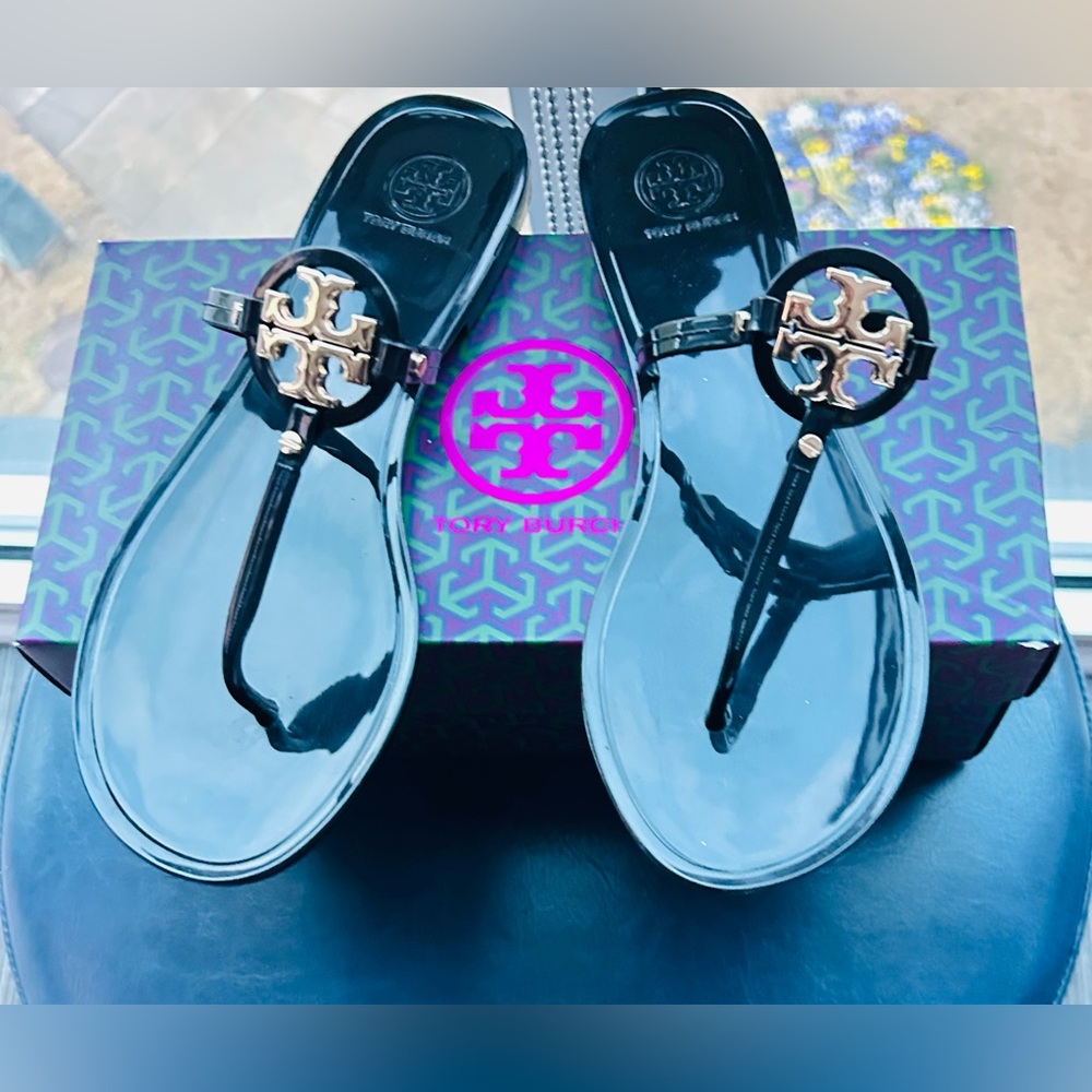Tory Burch Black and Gold Thong Sandals